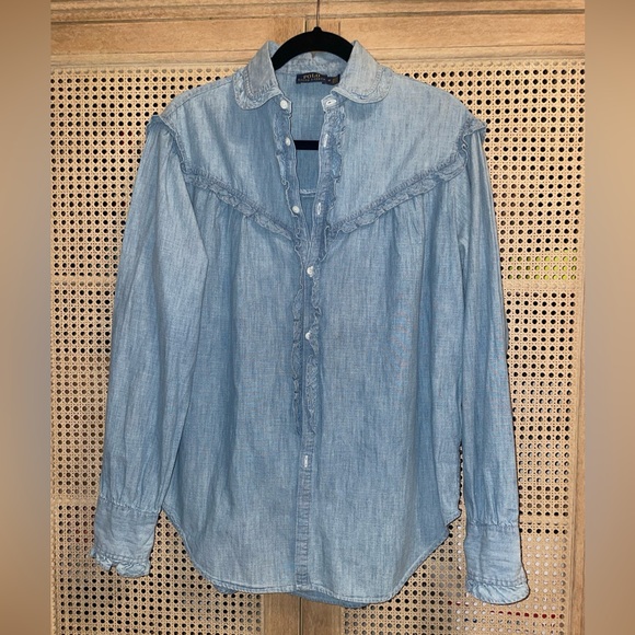 POLO RALPH LAUREN Ruffle-Trim Denim Cotton Shirt Size M - Picture 10 of 11